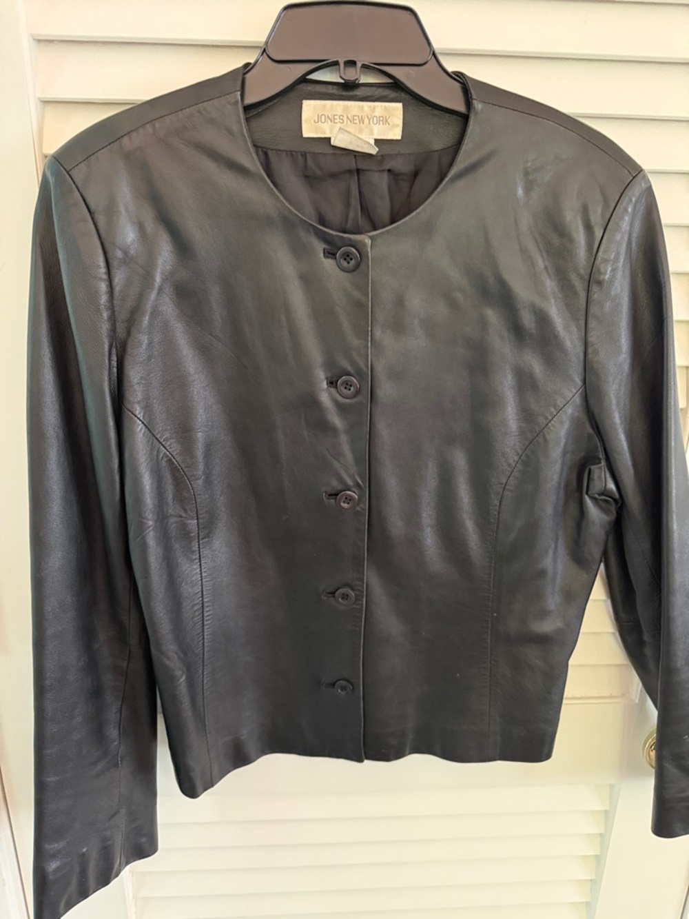 Jones New York Black Collarless Leather Button Jacket